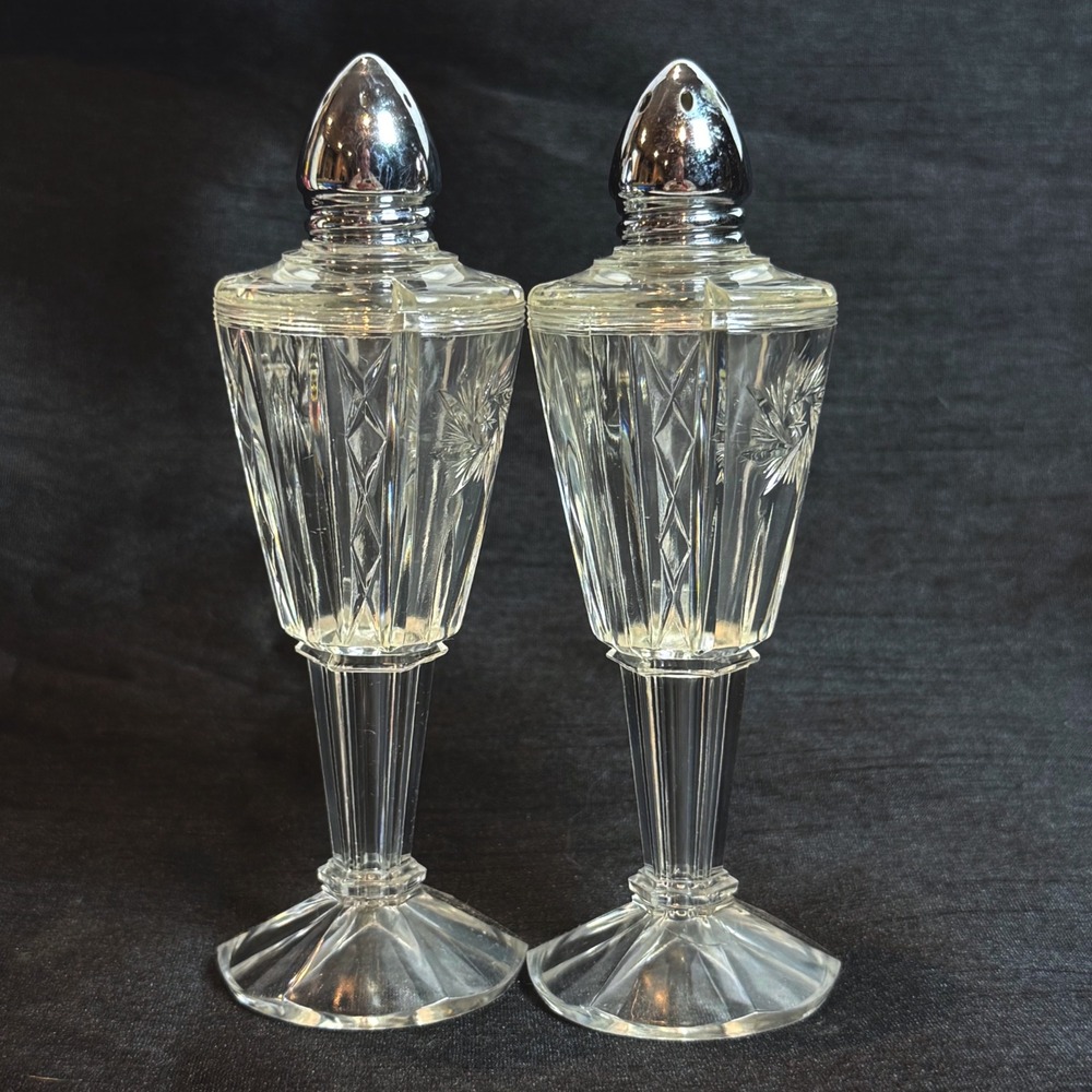 Vintage MCM Clear Etched Plastic Salt & Pepper Shakers 5" Pedestal Chrome Tops